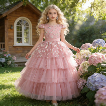 Vestidos de Festa para Meninas Daminhas de Flores de Verão Vestido Elegante de Tule para Casamento Princesa Formatura Vestido Infantil para Menina com Laço para Aniversário e Noite