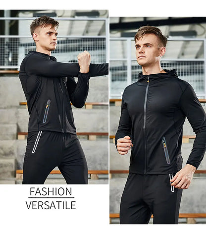 Running Jacket Hooded Jogging Tight Sportswear Quick Dry Men Reflective Training Set Gym Clothes Fitness Compression Sport Suit