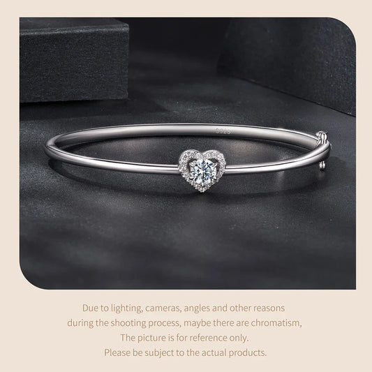 0.5CT Hollowed Heart Moissanite Bracelet Round Cut D Color Wrist Cuff Bangle 925 Sterling Silver for Women Wedding Gift