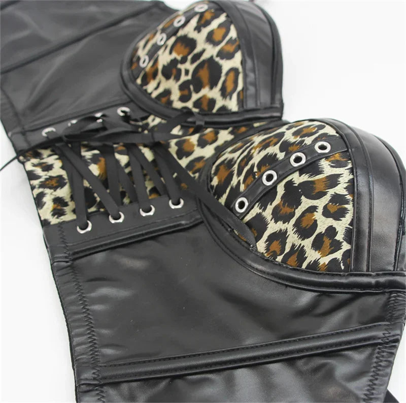 Women Corset Crop Top Gothic Black Leopard Faux Leather Push Up Overbust Corset Bustier Bra with Straps Fashion Streetwear