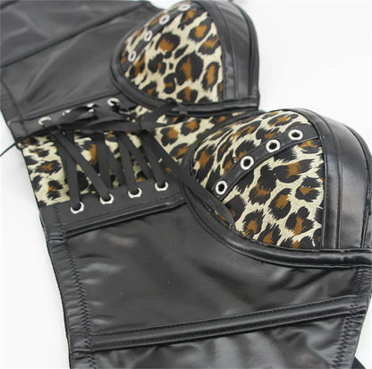 Women Corset Crop Top Gothic Black Leopard Faux Leather Push Up Overbust Corset Bustier Bra with Straps Fashion Streetwear