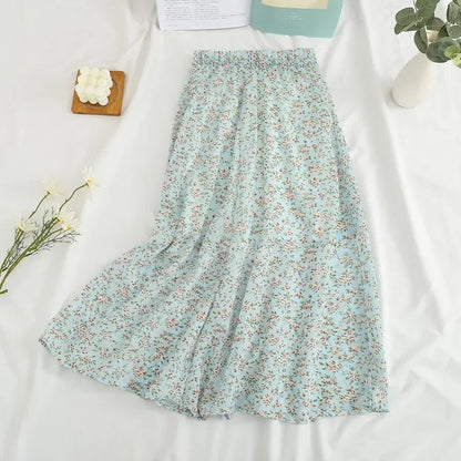 Women's Summer Skirts Vintage Floral Printed Chiffon Skirts High-waisted Elastic Waist Relaxed Mid-length Skirts Beach Skirts