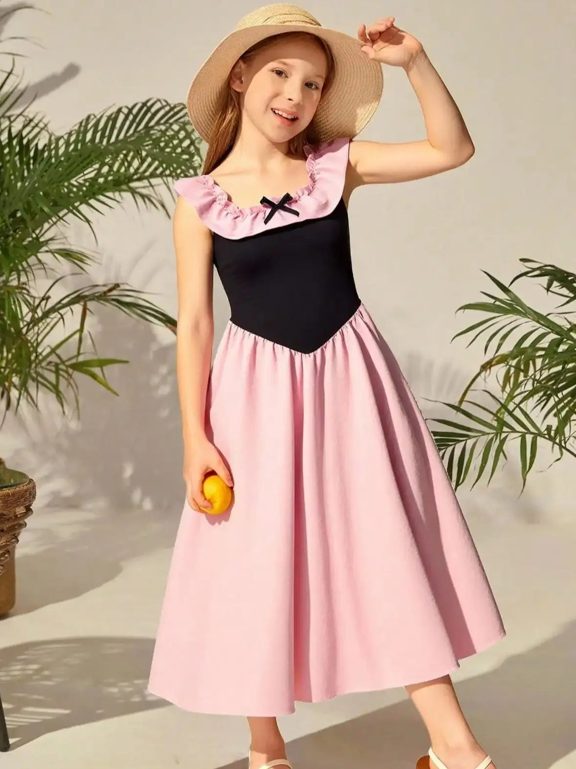 Girls' fashionable and elegant summer dress with outdoor casual square collar design paired with ruffled edge dress