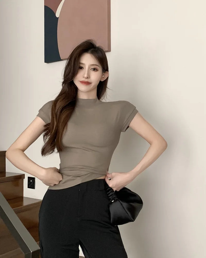 1pcs Girls Summer Solid T-shirts Womens Classic Basic Fashion Tees New Students Short Sleeve Slim Tops Females Mock Neck Tshirts