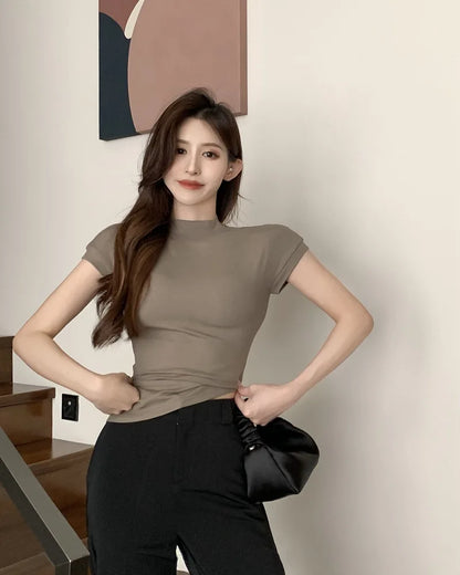 1pcs Girls Summer Solid T-shirts Womens Classic Basic Fashion Tees New Students Short Sleeve Slim Tops Females Mock Neck Tshirts