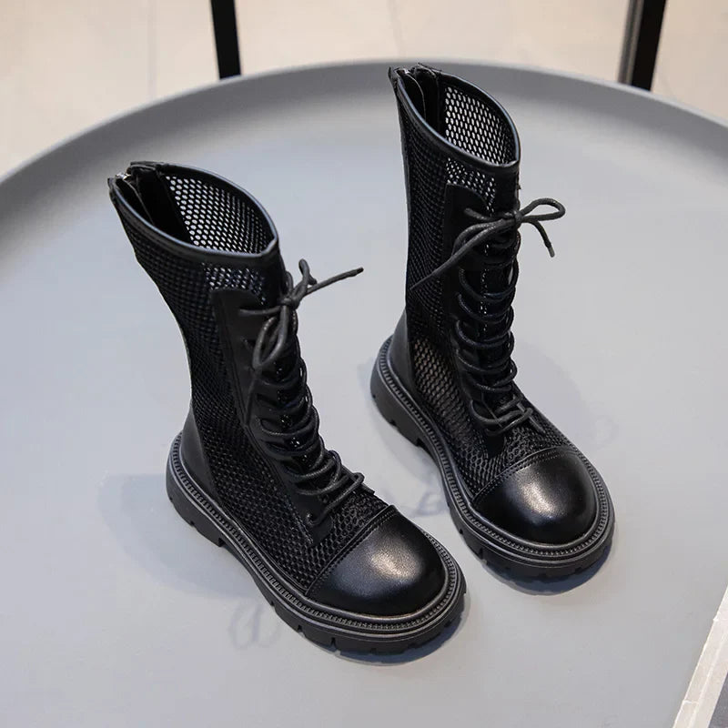 Children Summer Shoes Girls Fashion Sandals High-top Mesh Boots Net Breathable Shoelace Decoration with Zipper Cut-out Ins Style