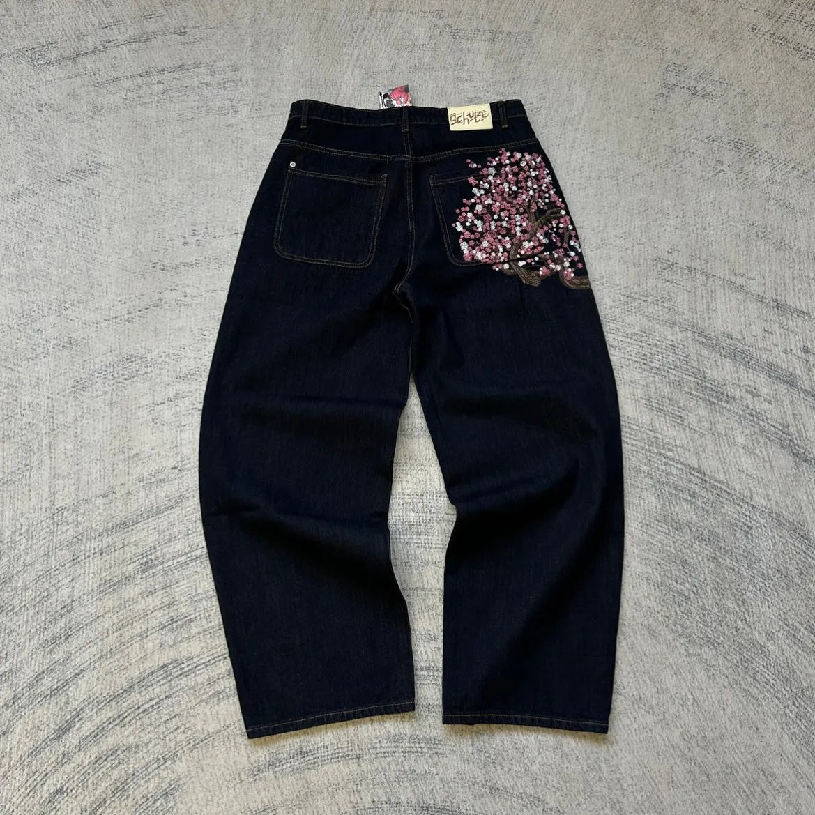 Y2K Vintage Low Waist Hip Hop Cherry Blossom Embroidered Jeans  Wide Leg Trousers Clothes Mens Embroidered Baggy Jeans Womes
