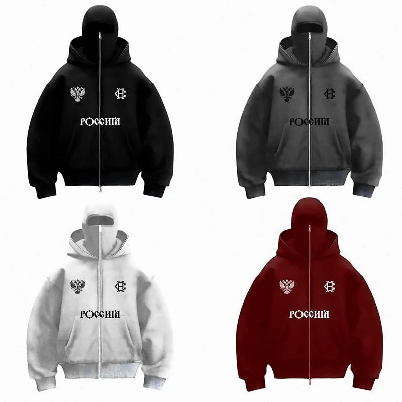 Men's Winter Letter Zipper Hoodies Chic Face Mask Design Warm Hooded Sweatshirts Casual Vintage Sports Jacket Outdoor Activities