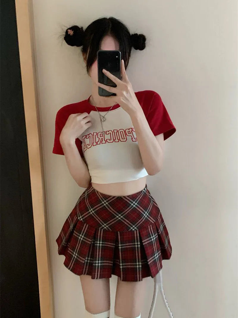 Summer 2024 Vintage Korean Style High Waist Patchwork A-line Mini Skirt Harajuku Preppy Fashion Plaid Pleated Skirt Red Women