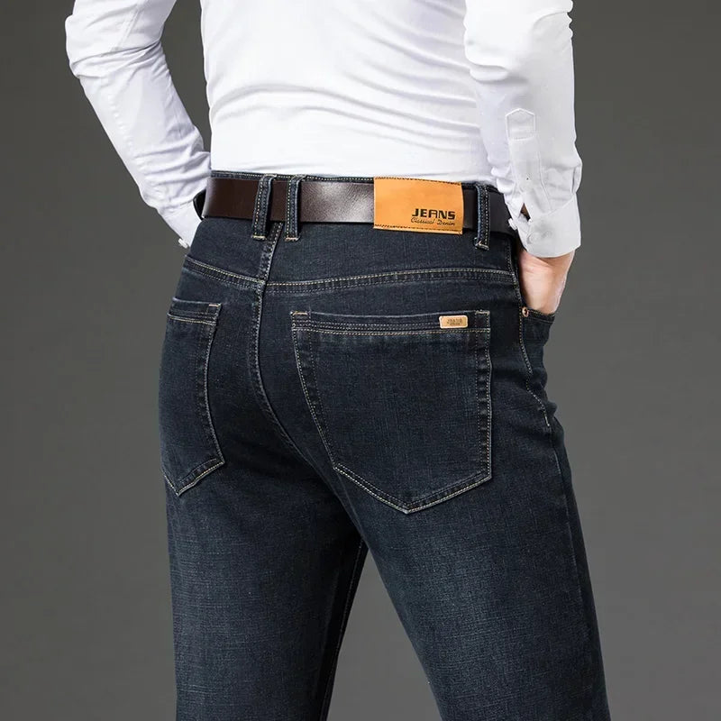 Tamanhos Grandes 40 42 44 46 2025 Nova Calça Casual Social Elástica Calça Jeans Azul Clássico Masculina Calça Jeans Solta Reta Masculina