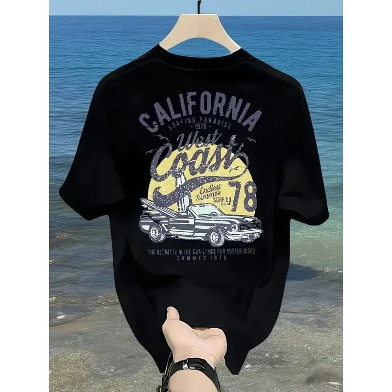 Vintage California West Coast Surfing Graphic Tee with Retro Car and Sun Print 100% Cotton Men's T-shirt Summer Casual Beachwear