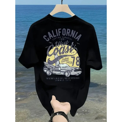 Vintage California West Coast Surfing Graphic Tee with Retro Car and Sun Print 100% Cotton Men's T-shirt Summer Casual Beachwear