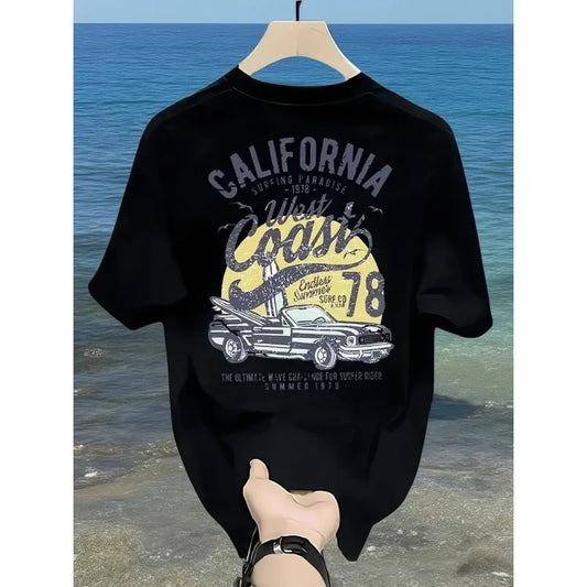 Vintage California West Coast Surfing Graphic Tee with Retro Car and Sun Print 100% Cotton Men's T-shirt Summer Casual Beachwear