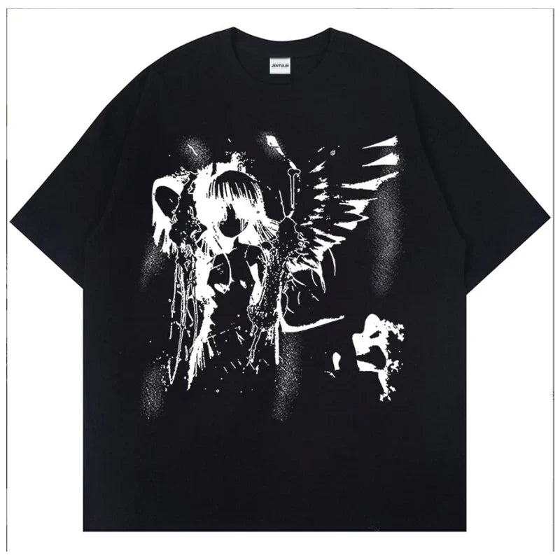 Retro Angel Print Short-sleeved Women T-shirt Summer  Harajuku Casual   Loose Cotton Oversize Women's T-shirts Female Clothing