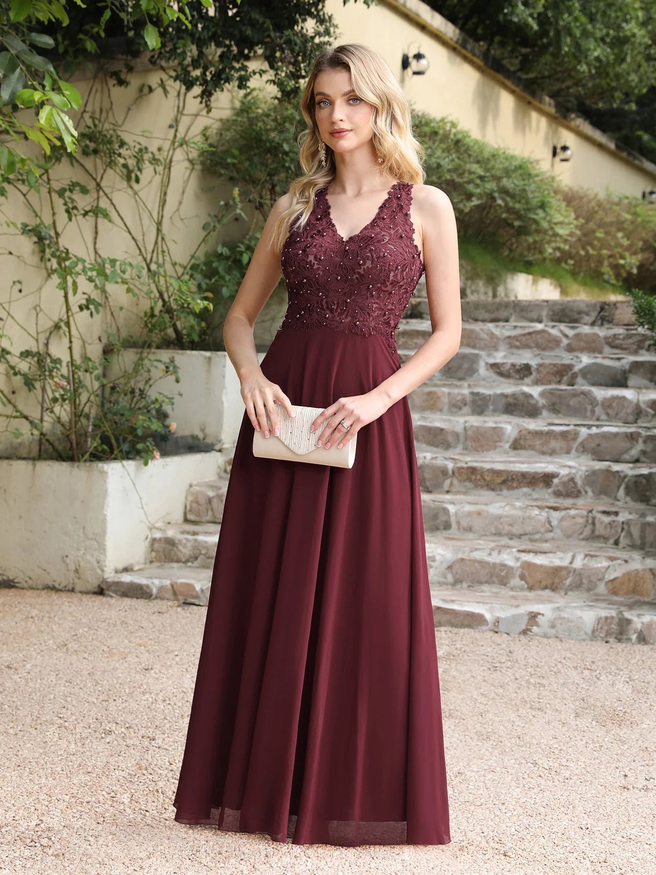 Dusty Pink Halter V-neck Lace Pearls Wedding Evening Dresses Long Dress Hollow Out Chiffon Elegant Party Dresses For Women 2024