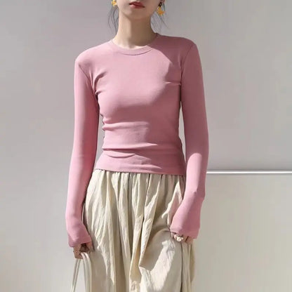 Camisa Feminina Gola O Manga Longa de Algodão Sexy Cropped Tops Outono 2025 Preta Casual Skinny Slim Básica Camisetas Femininas Roupas Brancas