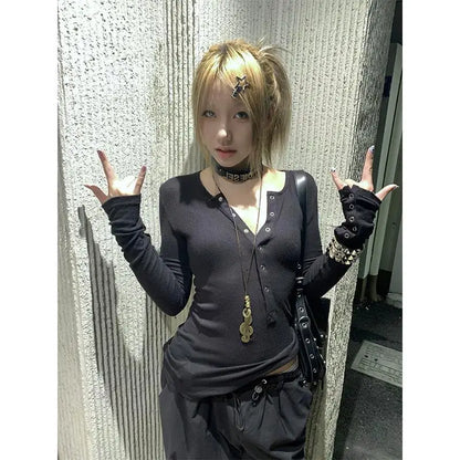 Y2k Japanese T Shirt Women Lace Long Sleeve Print Graphic Tops Streetwear American Retro 90s Crop Tops Autumn Tshirts