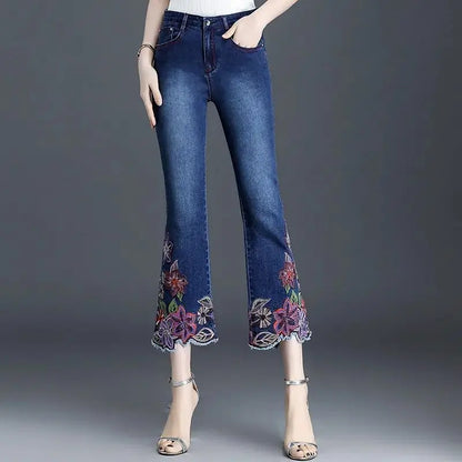 Women Embroidery Flowers Flare Jeans