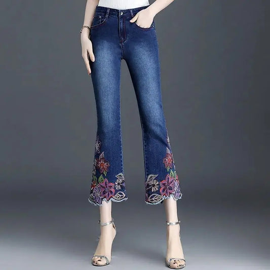 Women Embroidery Flowers Flare Jeans
