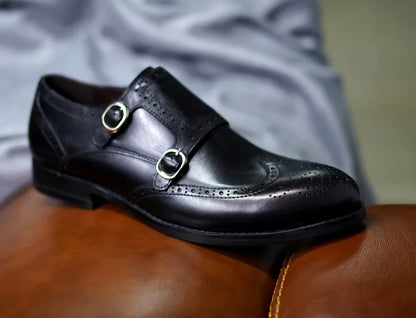 Classic Men Genuine Leather Dress Shoes Brogue Double Buckle Monk Strap Metal Buckle Business Office Wedding Formal Shoes