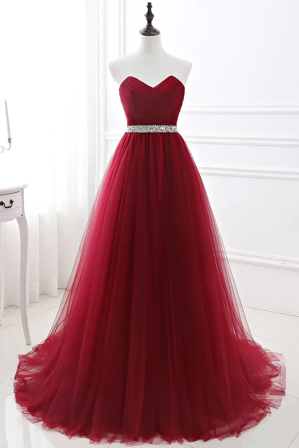 Vestidos de Noite de Tule Azul Royal com Renda, Cristais e Lantejoulas para Festa Formal de Noiva, Sexy, sem Mangas, Vestido de Baile, Branco, Borgonha