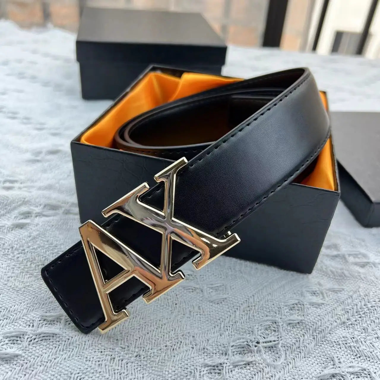 2026 Men's High Quality Belt 3.5cm Waistband with Letter AX Buckle Fashionable PU Leather Simple & Versatile Daily Accessory