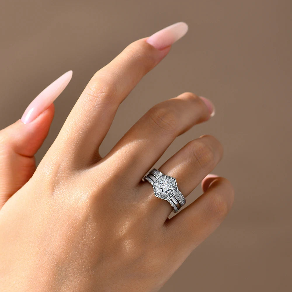 Original Round Cut 6mm Moissanite 3pc Rings Set 925Sterling Silver Luxury Engegament Wedding Women‘s Ring Fine Jewelry