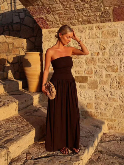 women's new dress elegant sexy off-shoulder fashion pleats details slimming strapless dress