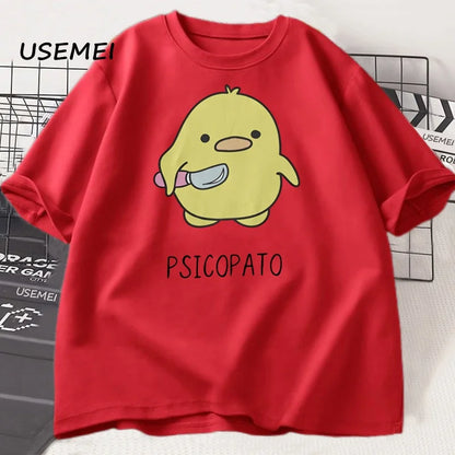 T Shirt Men Women Cute Duck with Knife Tshirt Casual Short Sleeve Cotton Printed Round Neck T-shirt Streetwear Loose