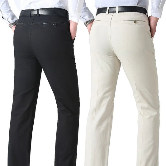 Men's Spring Autumn 100% Cotton Middle-aged Business Trousers Straight Slacks High Waist Dad's Thin Thick Casual Male Suit Pants