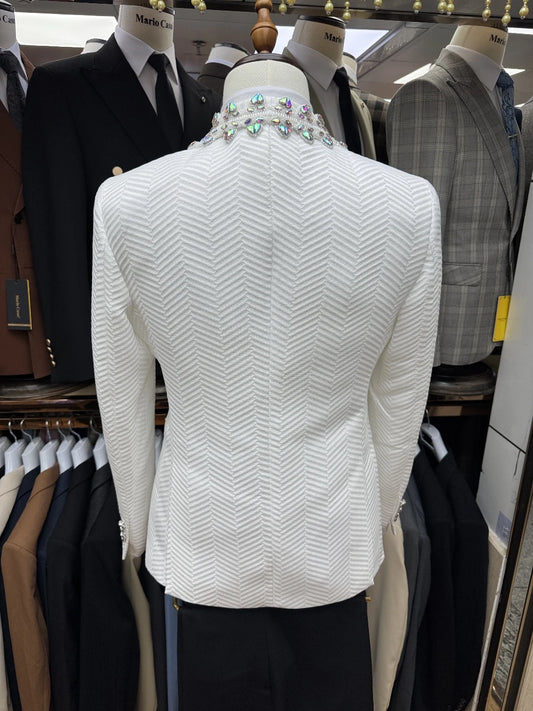 Fully Lined 3-pieces Suit Set For Man, Real Images, Chic Crystals Collar Wedding Groom Wear, White Delicate One Button Tuxedo