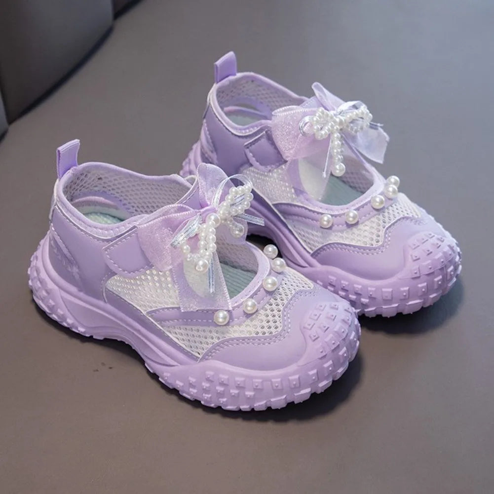 Girls Sports Sandals Sweet Lace Bows Beading Kids Casual Shoes Mesh Breathable Soft 2026 Summer New Children Princess Sandals