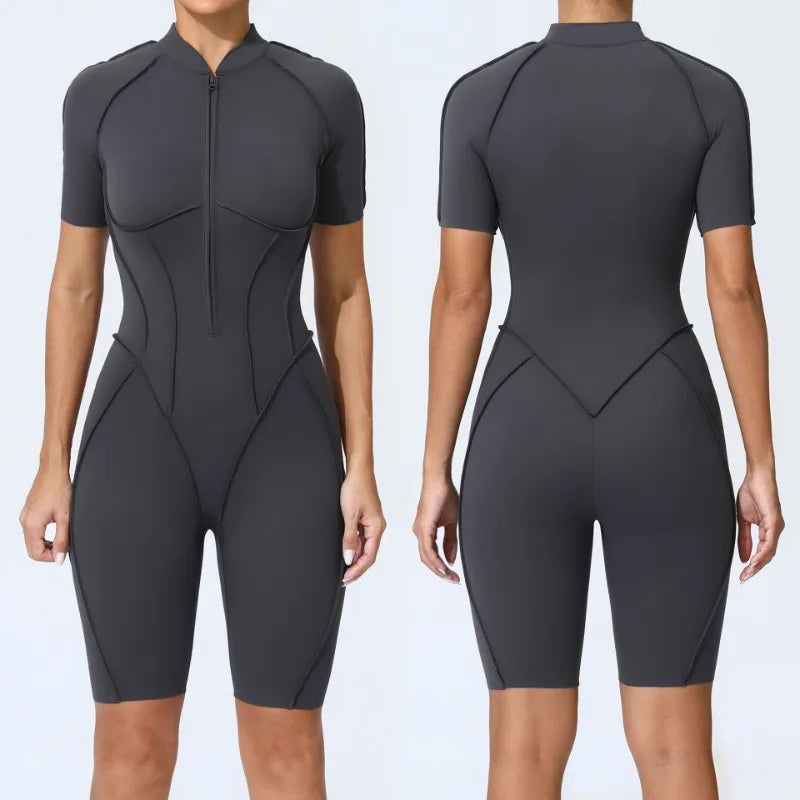 Zipper Short-sleeved Yoga Sports Fitness Jumpsuits Sets Without Chest Pad Tight Bodysuits Shorts Gym Workout Clothes for Women