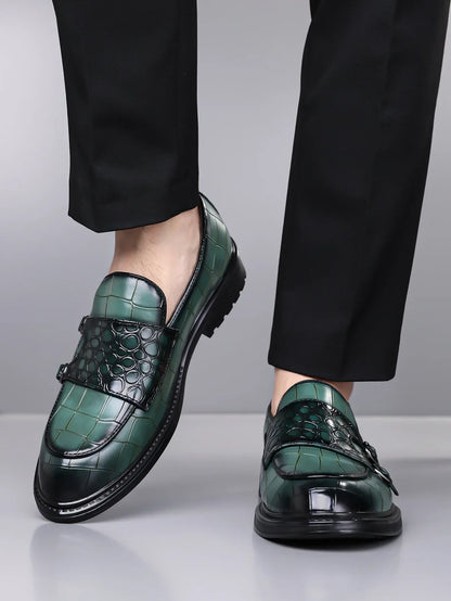 Classic Leather Men's Loafer Shoes Slip-on Double Buckles Green Black Shoes Wedding Party Formal Shoes for Men Zapatillas Male