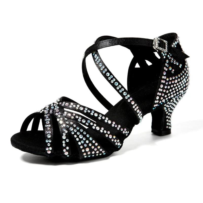 Women Latin Dance Shoes Latin Salsa Girl Dancing Shoes Black Shiny Ballroom Dance Shoes For Girls Ladies