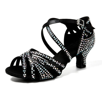 Women Latin Dance Shoes Latin Salsa Girl Dancing Shoes Black Shiny Ballroom Dance Shoes For Girls Ladies