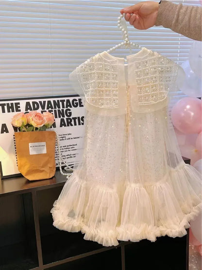 Girls Tulle Super Fairy Princess Dresses Fly Sleeve Rainbow Star Sequined Cake Dress Children Mesh Puffy Birthday Party Vestidos