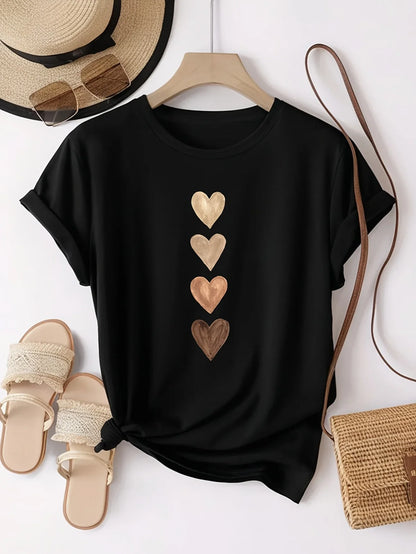 Camiseta Feminina Casual Manga Curta com Estampa Gráfica de Quatro Corações - Preto e Dourado, Gola Redonda com Elasticidade Média