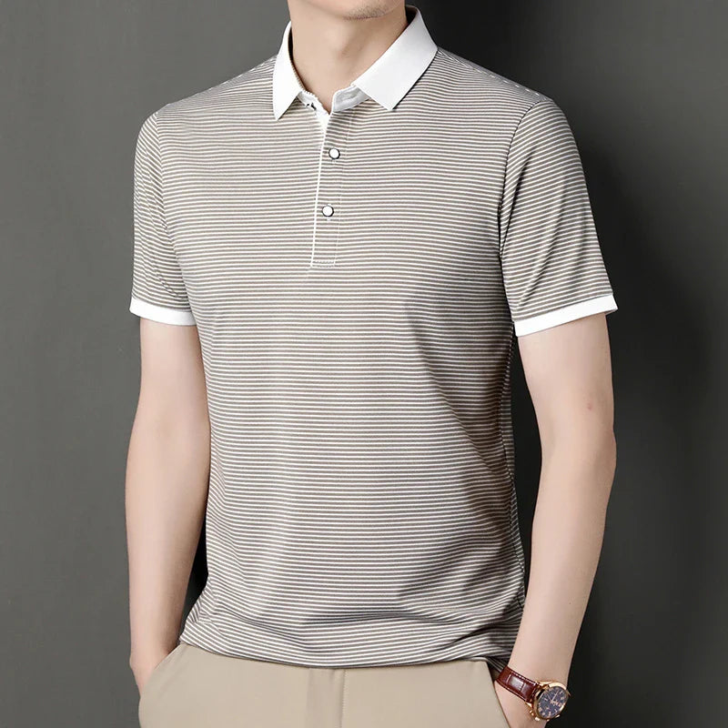 2024 Men's New Striped Cotton Business Casual Short Sleeved POLO Shirt Fashion Short Sleeved Comfortable and Breathable Top