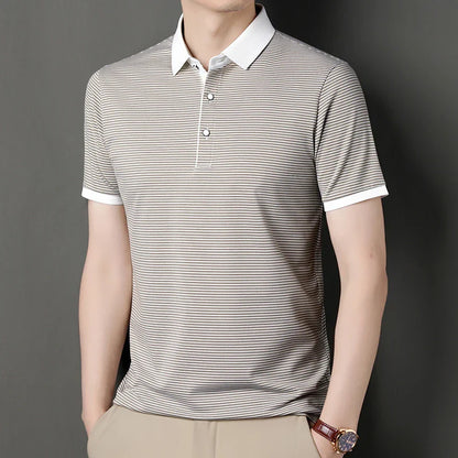 2024 Men's New Striped Cotton Business Casual Short Sleeved POLO Shirt Fashion Short Sleeved Comfortable and Breathable Top