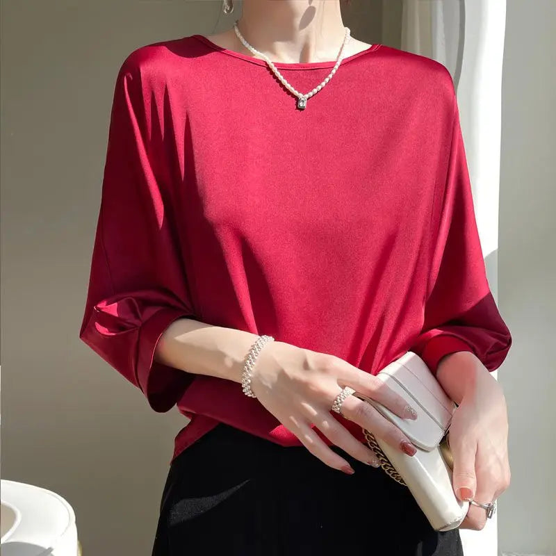 2026 New In Summer Satin Silk Half-Sleeve Tee Tops Basic Solid Women‘s T-Shirt Casual O-neck Thin Shirts Ladies Loose Blouses