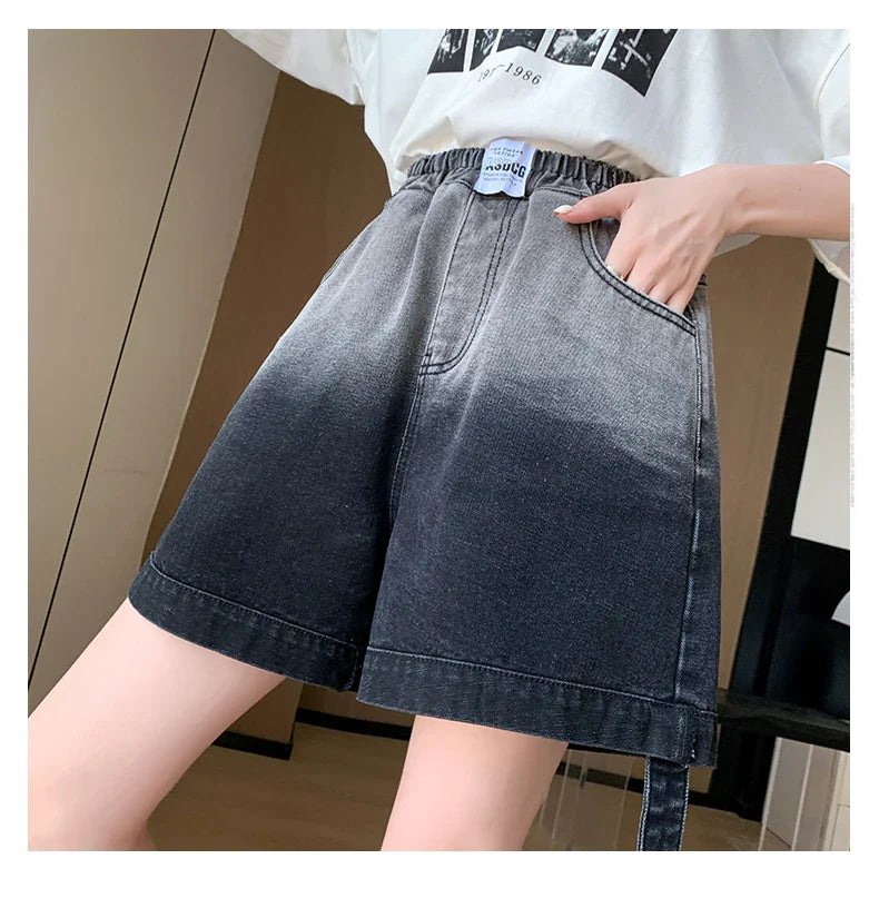 Plus Size Denim Shorts For Women Summer 2024 New High Elastic Waist Pockets Wide Leg Loose Jean Short Femme Hot Sale