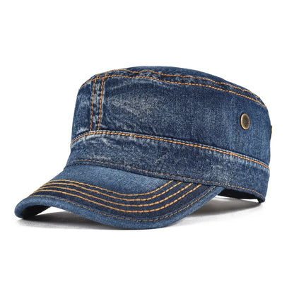 Denim Army Cap Men Washed Cotton Bucket Hat Spring Fall Headpiece Flat Top Adjustable Peaked Visor Hats Trucker Hats