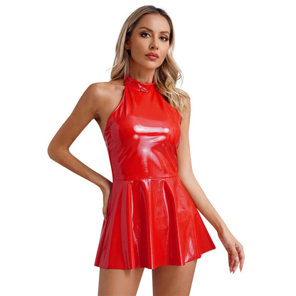 Glossy Patent Leather Glossy Mini A-Line Latex Dress for Womens Swing Skirt Skater Bodycon Mini Dress Rave Disco Party Clubwear