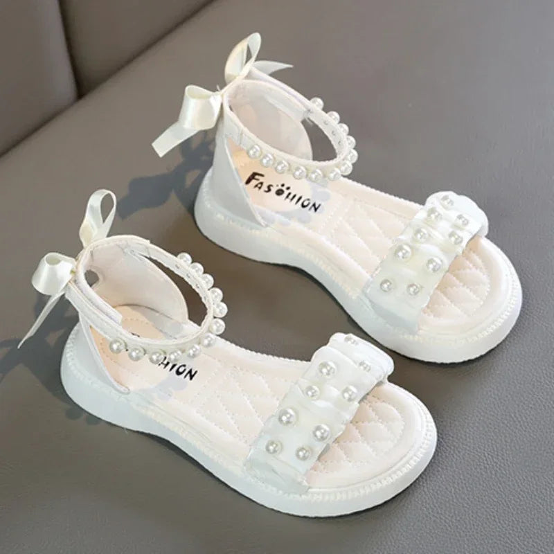 Children's Sandals Summer Bowtie Princess Shoes for Girls Fashion Sweet Kids Causal Pearl Roman Sandals Solid Color Hook Loop
