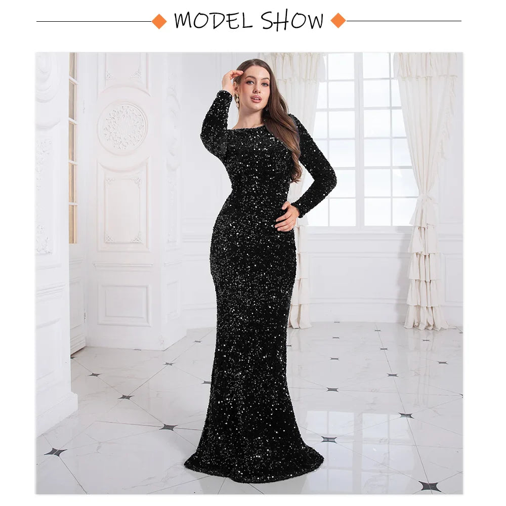 Romagic Women Modest Stretch Sequin O Neck Evening Prom Gown Party Long Dresses Full Sleeved Mermaid Formal Dinner Elegant Dress