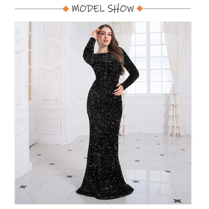 Romagic Women Modest Stretch Sequin O Neck Evening Prom Gown Party Long Dresses Full Sleeved Mermaid Formal Dinner Elegant Dress