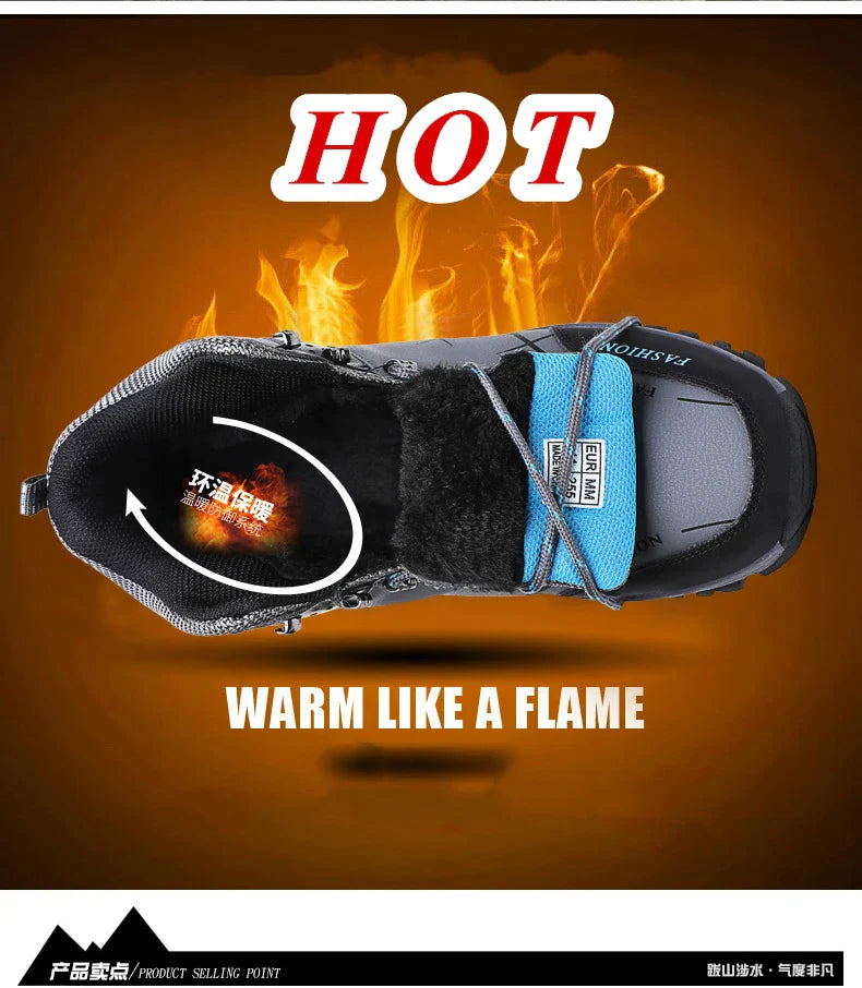Winter Warm Cotton Shoes Men Outdoor Leather Black Casual Shoes Fur Sneakers High Top Rubber Ankle Boots Male Hiking Trekking 46