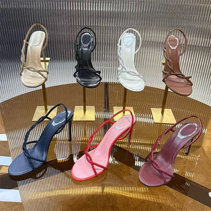 Bling Crystal Studded Thin Heels Sandals Woman Rhinestone Cross-tied High Heels Banquet Shoes Summer Stiletto Sandalias Women