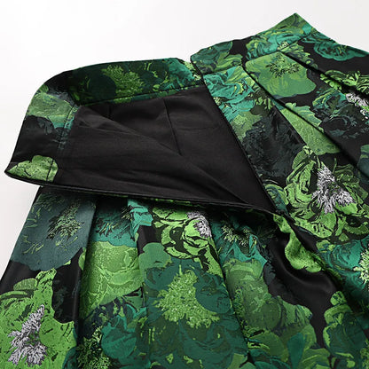 High Quality Elegant Lady Hepburn Style Mid-long Puff Skirt All-match Spring Autumn High Waist Green Jacquard Women A-line Skirt